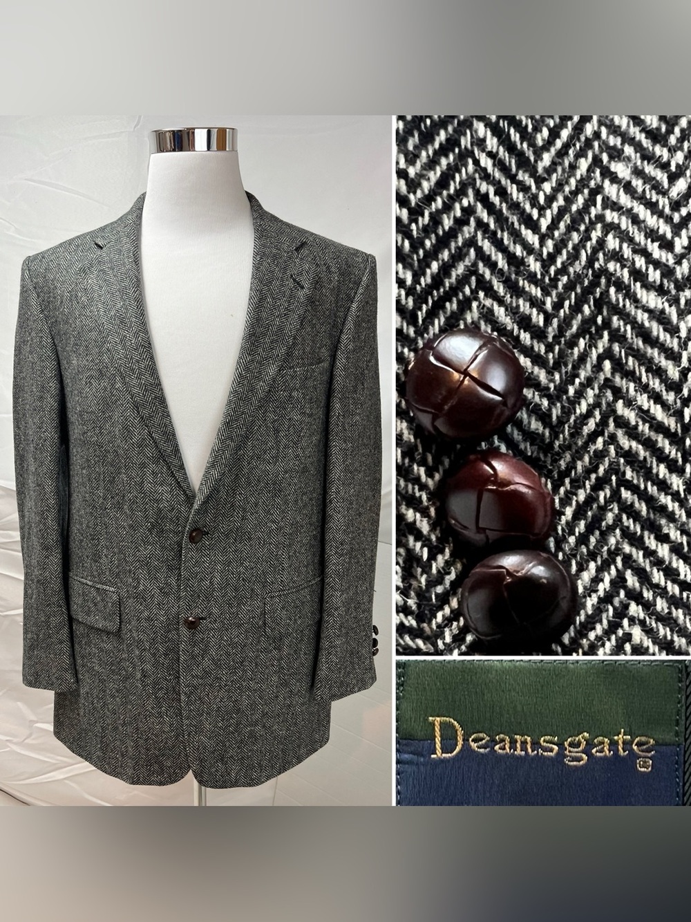 Men’s 42L Gray Black Herringbone Tweed Lambswool Deansgate Sport Coat Blazer